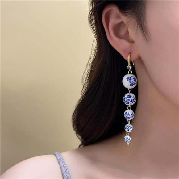 💙 Blue Floral Ceramic Drop Earrings | Gold-Plated Vintage-Inspired Design - Picture 1 of 4